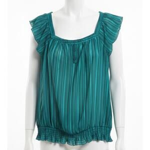 Byline Peasant Blouse L Green Sheer Striped Square Neck Short Sleeves Boho Chic